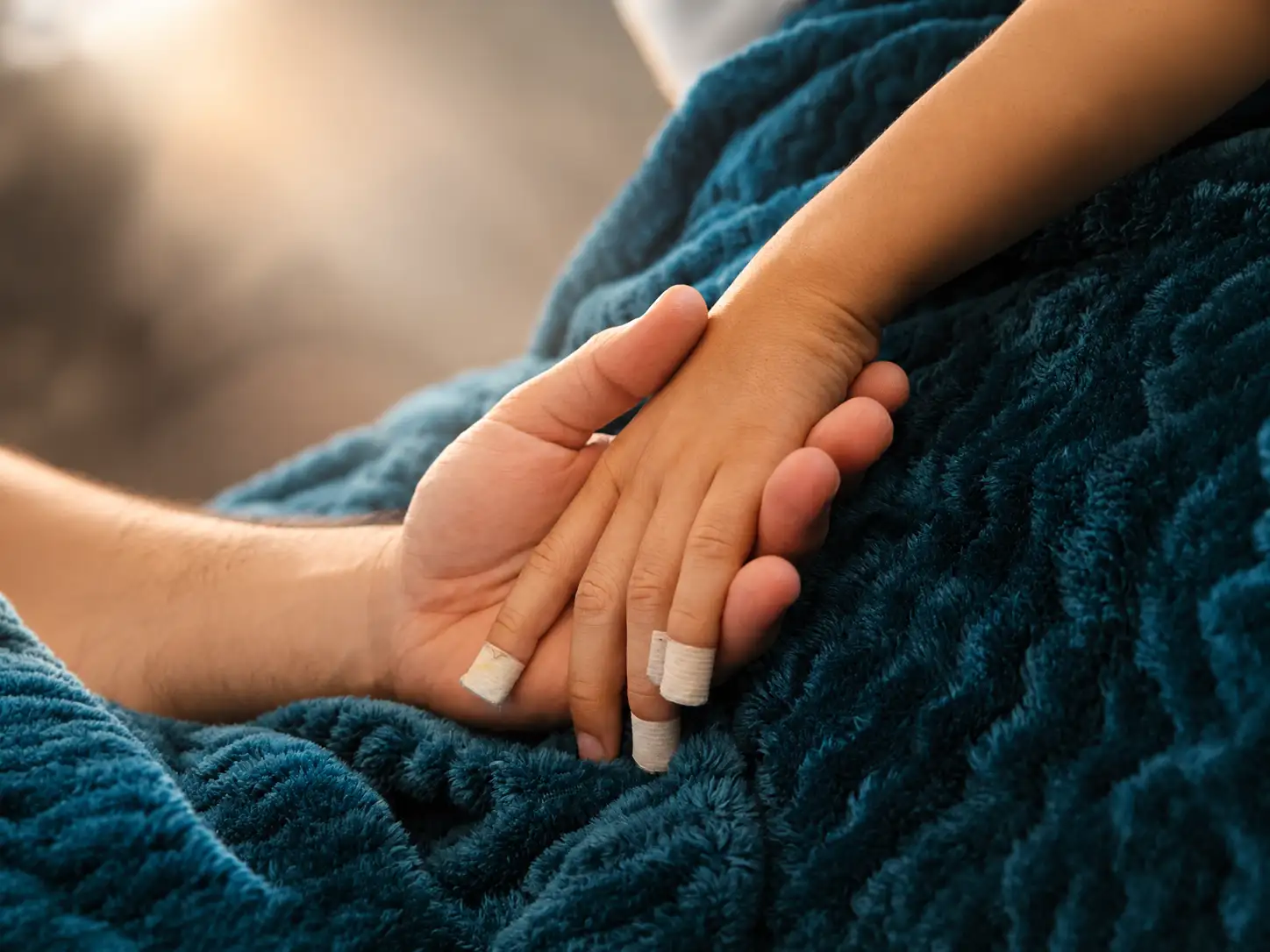 Les mains de Deyan et son papa à l'hôpital